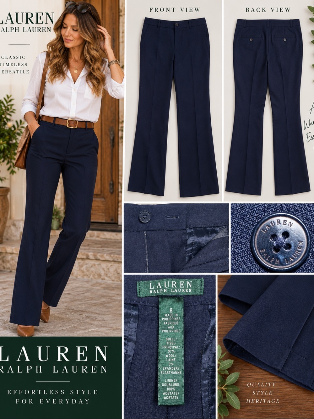 Lauren Ralph Lauren Navy Blue 100% Wool Pleated Dress Pants Trouser Sz 8 #651CL